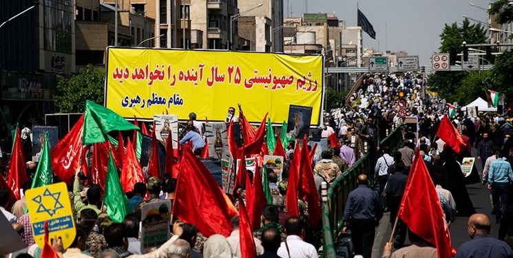 گزارش فارس از راهپیمایی روز قدس در تهران|‌ اعدام نمادین قاتلان کودکان فلسطینی/ «نه» به معامله قرن